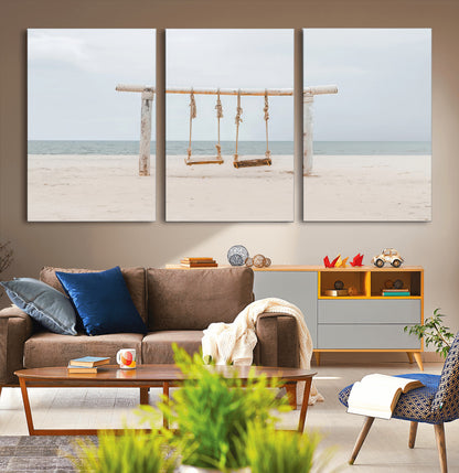 68327283-MGV-CV-36X24-Beach Swing Wall Art Canvas Print, Framed Quiet Beach Art Picture Print, Calm Shoreline Perfect Bohemian Coastal Decor Artwork
