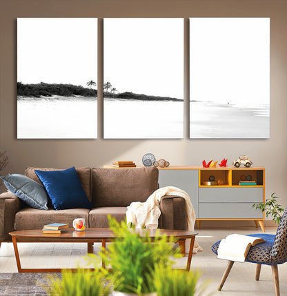 29611516-MGV-CV-36X24-Black White Beach Wall Art Canvas Print, Framed Palm Trees Art Picture Print, Monochrome Tropical Perfect Minimalist Coastal Decor
