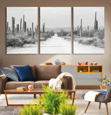 35537313-MGV-CV-36X24-Monochrome Desert Wall Art Canvas Print, Framed Cactus Path Art Picture Print, Southwestern Landscape Perfect Southwestern