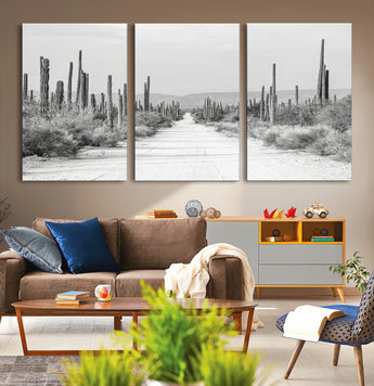 35537313-MGV-CV-36X24-Monochrome Desert Wall Art Canvas Print, Framed Cactus Path Art Picture Print, Southwestern Landscape Perfect Southwestern