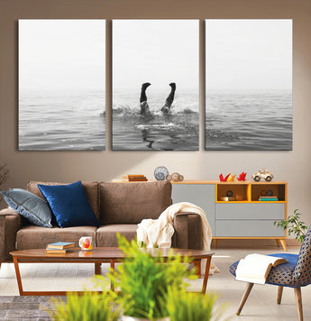 26667396-MGV-CV-36X24-Black White Ocean Wall Art Canvas Print, Framed Monochrome Water Art Picture Print, Diving into Water Perfect Minimalist Aquatic