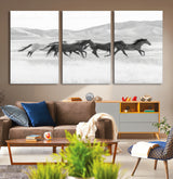 69934913-MGV-CV-36X24-Wild Horses Running Wall Art Canvas Print, Framed Black White Mustangs Art Picture Print, Rustic Western Perfect Rustic Western