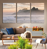 70644906-MGV-CV-36X24-Sunset Surfing Wall Art Canvas Print, Framed Misty Mountains Art Picture Print, Surfer Riding Wave Perfect Coastal Adventure Decor