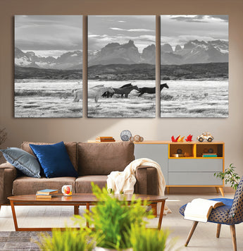 21655040-MGV-CV-36X24-Wild Horses Wall Art Canvas Print, Framed Black White Mountains Art Picture Print, Rustic Countryside Perfect Rustic Western Decor