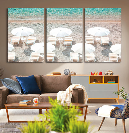 83736167-MGV-CV-36X24-Calm Beach Wall Art Canvas Print, Framed Turquoise Water Art Picture Print, Umbrella Shoreline Perfect Coastal Minimalist Decor