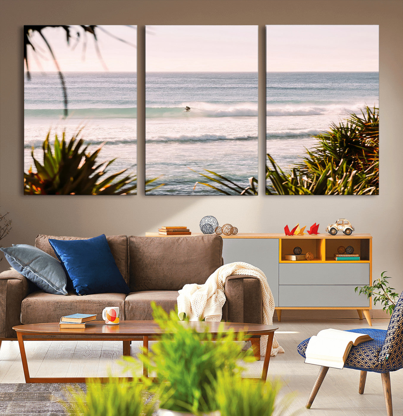 23287092-MGV-CV-36X24-Ocean Surfer Wall Art Canvas Print, Framed Coastal Surf Art Picture Print, Tropical Beach Perfect Tropical Coastal Decor Artwork