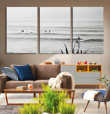 33821421-MGV-CV-36X24-Surfer Silhouette Wall Art Canvas Print, Framed Calm Ocean Art Picture Print, Monochrome Surf Perfect Minimalist Coastal Decor