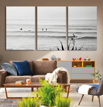 33821421-MGV-CV-36X24-Surfer Silhouette Wall Art Canvas Print, Framed Calm Ocean Art Picture Print, Monochrome Surf Perfect Minimalist Coastal Decor