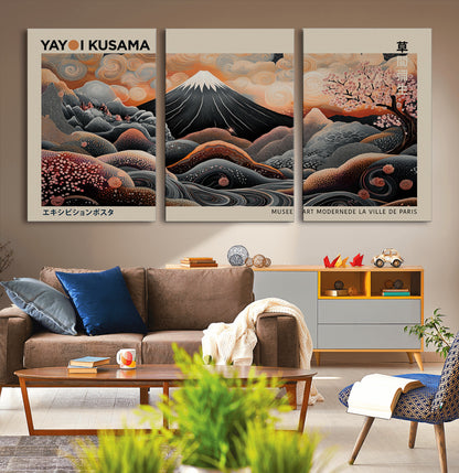 55739266-MGV-CV-36X24-Japanese Wall Art Print – Abstract Yayoi Kusama Inspired Dotted Landscape Poster, Surreal Oriental Mountain and Cherry Blossom
