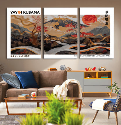 40959107-MGV-CV-36X24-Japanese Fuji Wall Art Print – Red Sun & Cherry Blossom Poster, Gold Wave Ukiyo-e Inspired Modern Japan Landscape Painting,