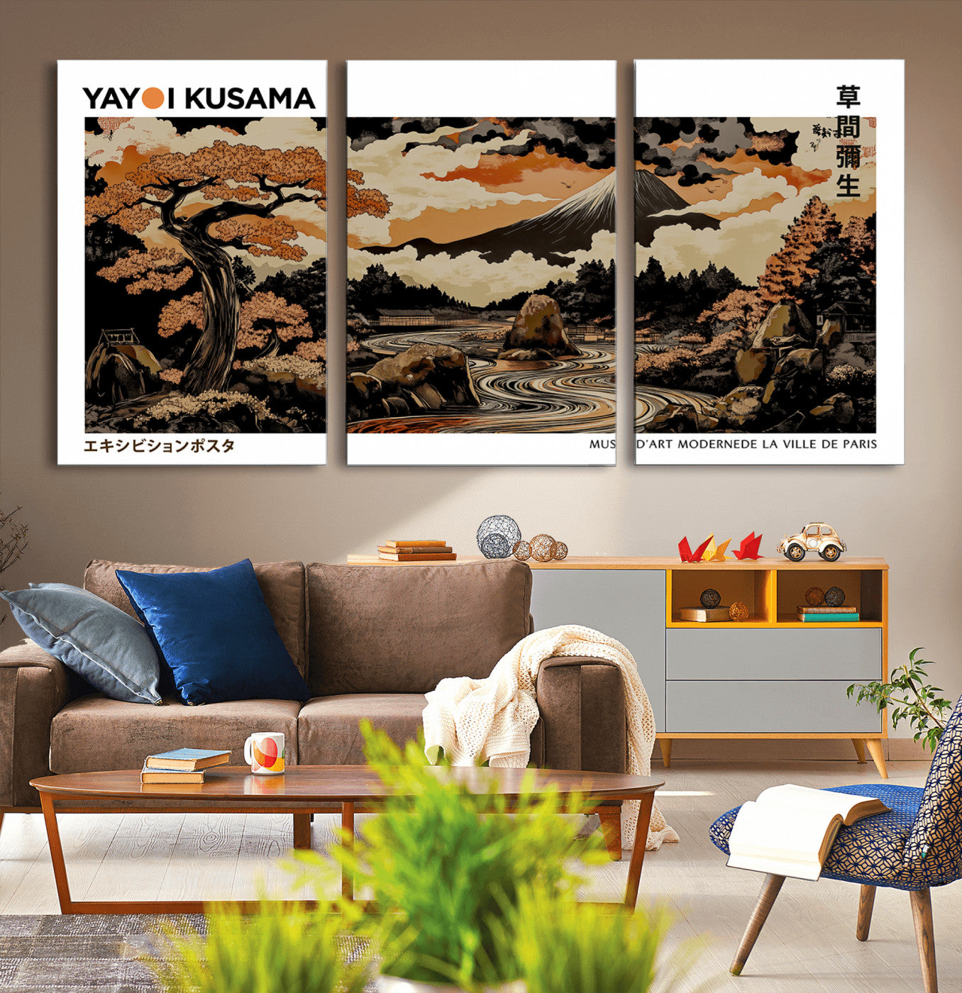 96372548-MGV-CV-36X24-Japanese Landscape Wall Art Print – Mt. Fuji Poster with Bonsai Tree & River, Ukiyo-e Inspired Modern Japanese Artwork, Autumn