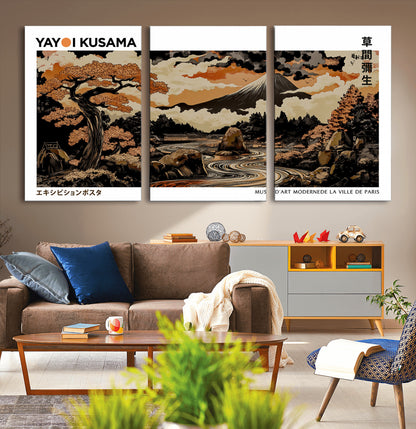 96372548-MGV-CV-36X24-Japanese Landscape Wall Art Print – Mt. Fuji Poster with Bonsai Tree & River, Ukiyo-e Inspired Modern Japanese Artwork, Autumn