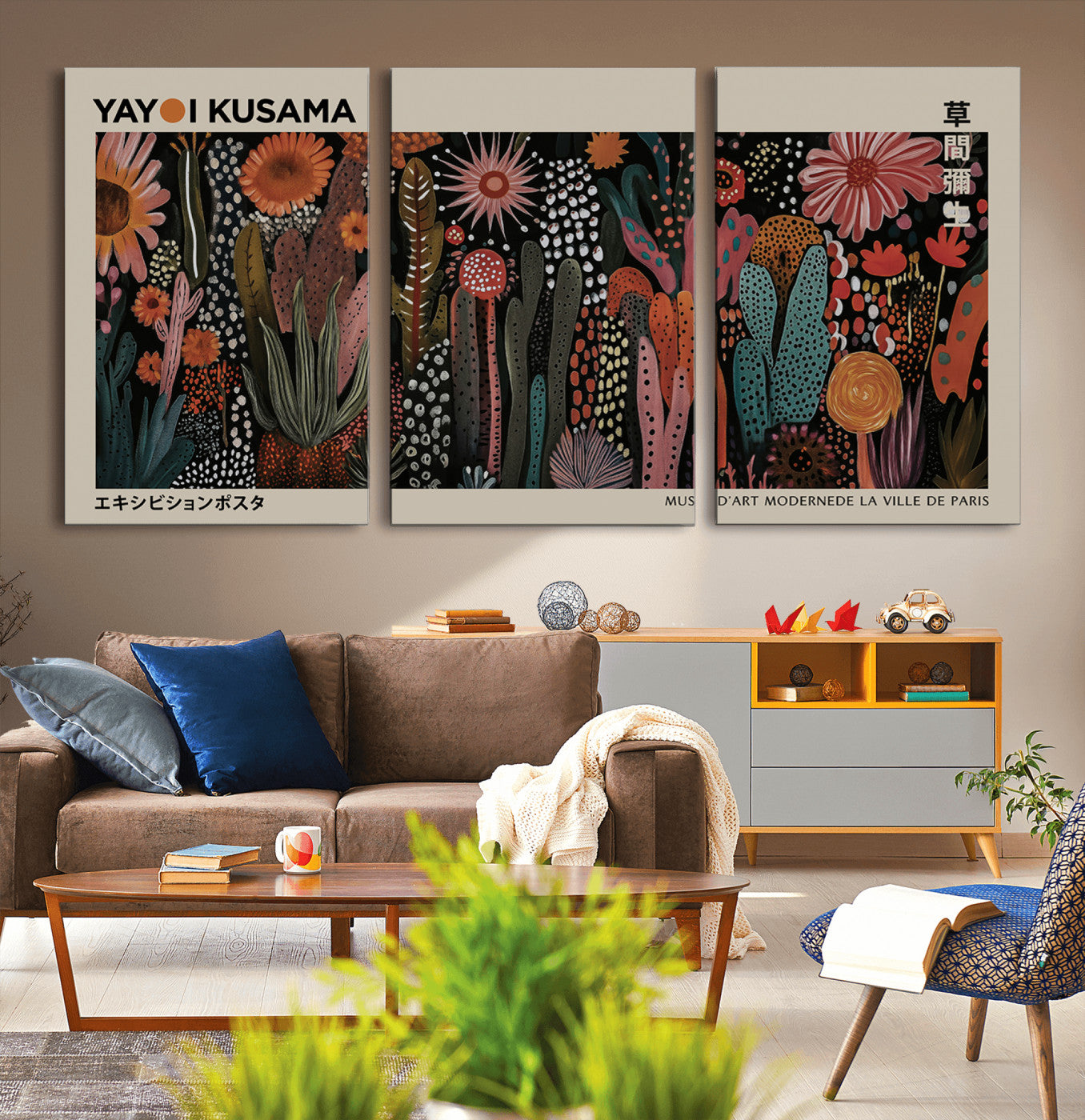 28344895-MGV-CV-36X24-Dark Floral Abstract Wall Art Poster – Modern Botanical Canvas Print with Beige Border, Kusama Inspired Boho Flower Painting,