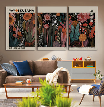 28344895-MGV-CV-36X24-Dark Floral Abstract Wall Art Poster – Modern Botanical Canvas Print with Beige Border, Kusama Inspired Boho Flower Painting,
