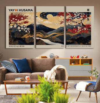 54967195-MGV-CV-36X24-Mount Fuji Wall Art – Japanese Cherry Blossom Abstract Canvas Print, Navy Gold Landscape Painting, Oriental Luxury Home Decor