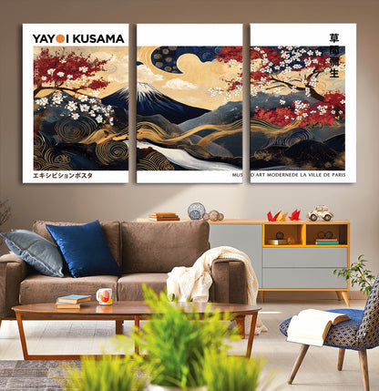 66243961-MGV-CV-36X24-Mount Fuji Japanese Wall Art – Golden Abstract Landscape Canvas Print, Cherry Blossom Painting, Modern Oriental Zen Home Decor
