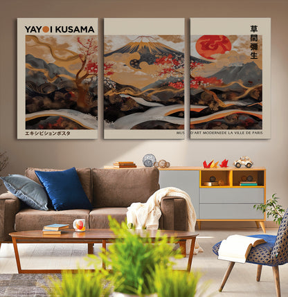 77970791-MGV-CV-36X24-Mount Fuji Golden Abstract Wall Art – Japanese Landscape Canvas Poster, Cherry Blossom & Red Sun Painting, Elegant Zen Oriental