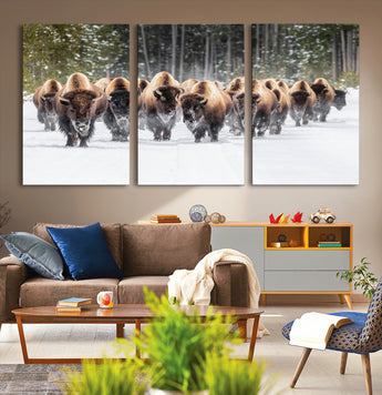 22695857-MGV-CV-36X24-Bison Herd Scene Wall Art Canvas Print, Framed Western Wildlife Art Picture Print, Rustic Animal Art Perfect Rustic Lodge Decor