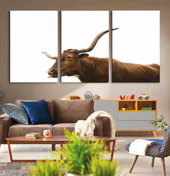 62566114-MGV-CV-36X24-Longhorn Cow Art Wall Art Canvas Print, Framed Rustic Animal Decor Art Picture Print, Texas Bull Photo Perfect Rustic Farmhouse