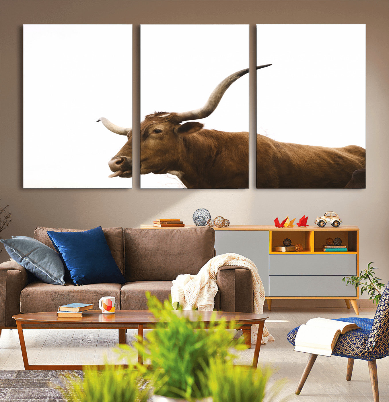 62566114-MGV-CV-36X24-Longhorn Cow Art Wall Art Canvas Print, Framed Rustic Animal Decor Art Picture Print, Texas Bull Photo Perfect Rustic Farmhouse