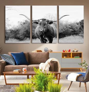 97280319-MGV-CV-36X24-Longhorn Photography Wall Art Canvas Print, Framed Western Cow Decor Art Picture Print, Texas Ranch Style Perfect Rustic Farmhouse