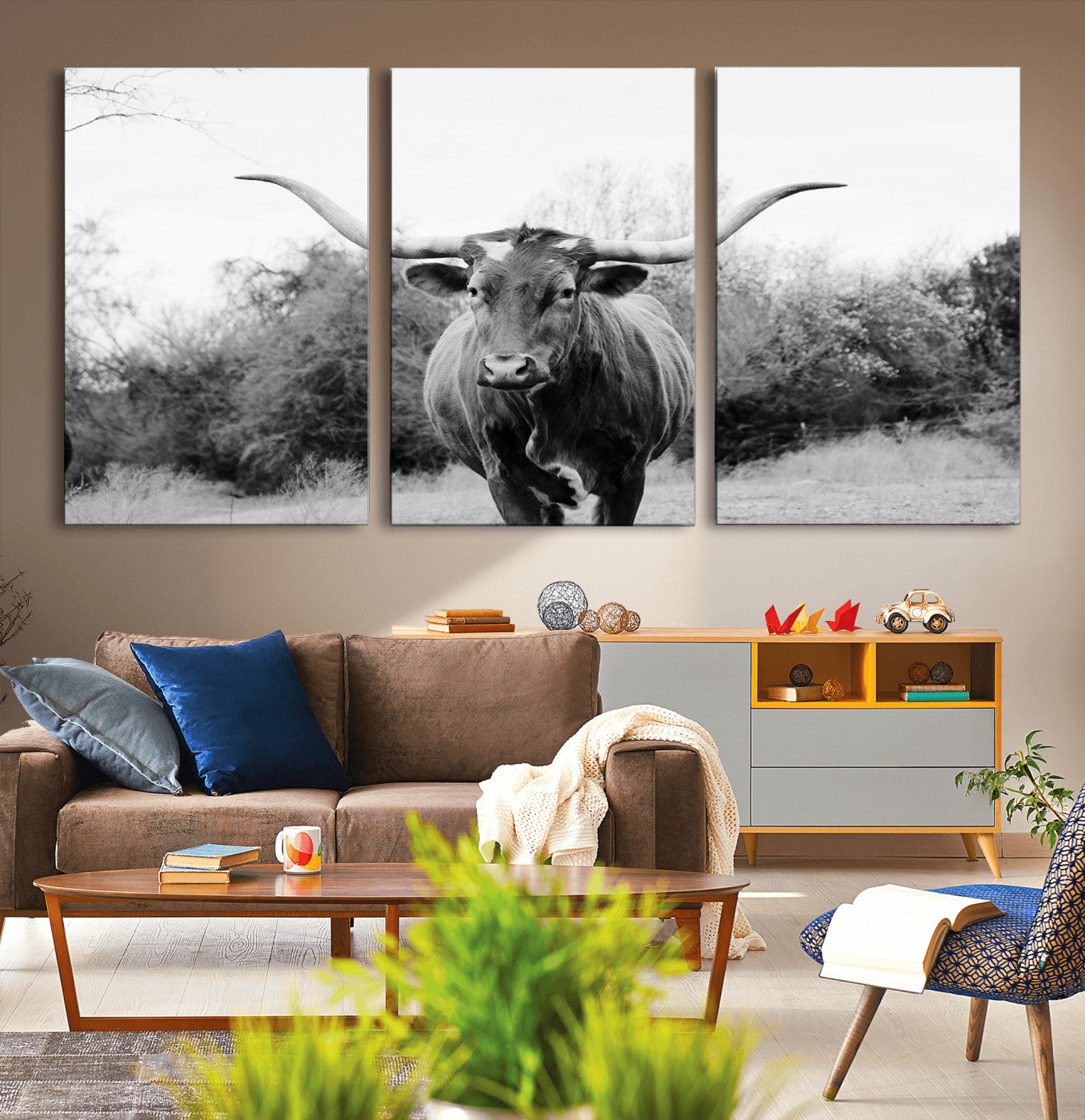 97280319-MGV-CV-36X24-Longhorn Photography Wall Art Canvas Print, Framed Western Cow Decor Art Picture Print, Texas Ranch Style Perfect Rustic Farmhouse