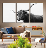 99244177-MGV-CV-36X24-Longhorn Photography Wall Art Canvas Print, Framed Western Cow Decor Art Picture Print, Black White Bull Perfect Modern Rustic