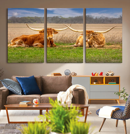 97244565-MGV-CV-36X24-Longhorn Duo Wall Art Canvas Print, Framed Cozy Ranch Vibes Art Picture Print, Western Ranch Decor Perfect Rustic Farmhouse Decor