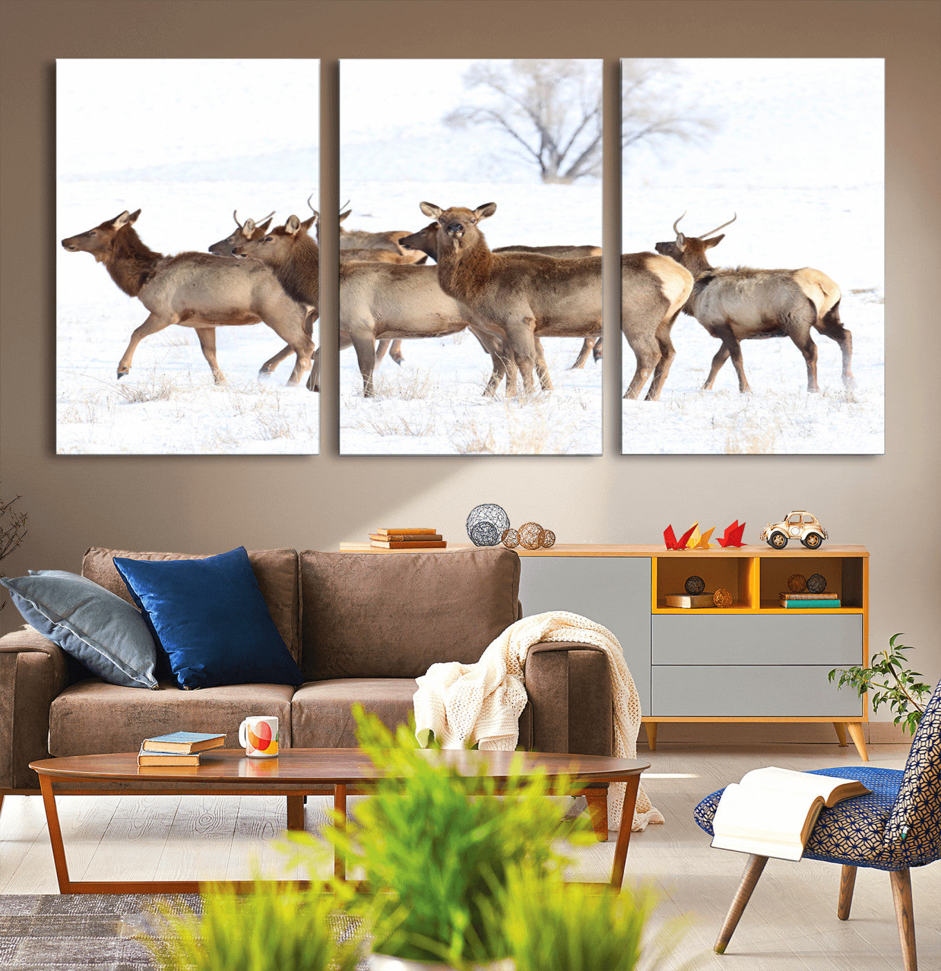 68738684-MGV-CV-36X24-Winter Elk Scene Wall Art Canvas Print, Framed Wildlife Photography Art Picture Print, Snowy Deer Decor Perfect Rustic Lodge Decor