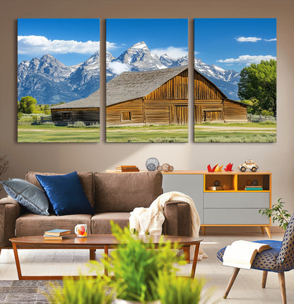 75948467-MGV-CV-36X24-Mountain Barn Scene Wall Art Canvas Print, Framed Rustic Farmhouse Style Art Picture Print, Country Cabin Decor Perfect Rustic