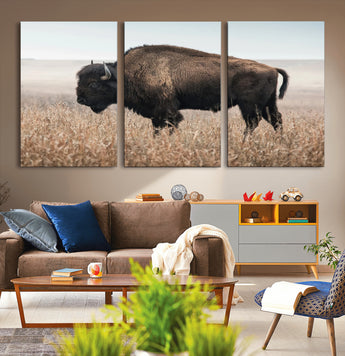 34451925-MGV-CV-36X24-Rustic Bison Decor Wall Art Canvas Print, Framed Buffalo Home Accent Art Picture Print, Prairie Wildlife Scene Perfect Western