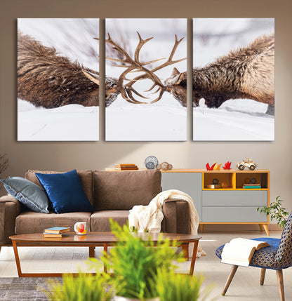 36507609-MGV-CV-36X24-Elk Clash Scene Wall Art Canvas Print, Framed Wildlife Strength Decor Art Picture Print, Snowy Forest Elk Perfect Rustic Lodge