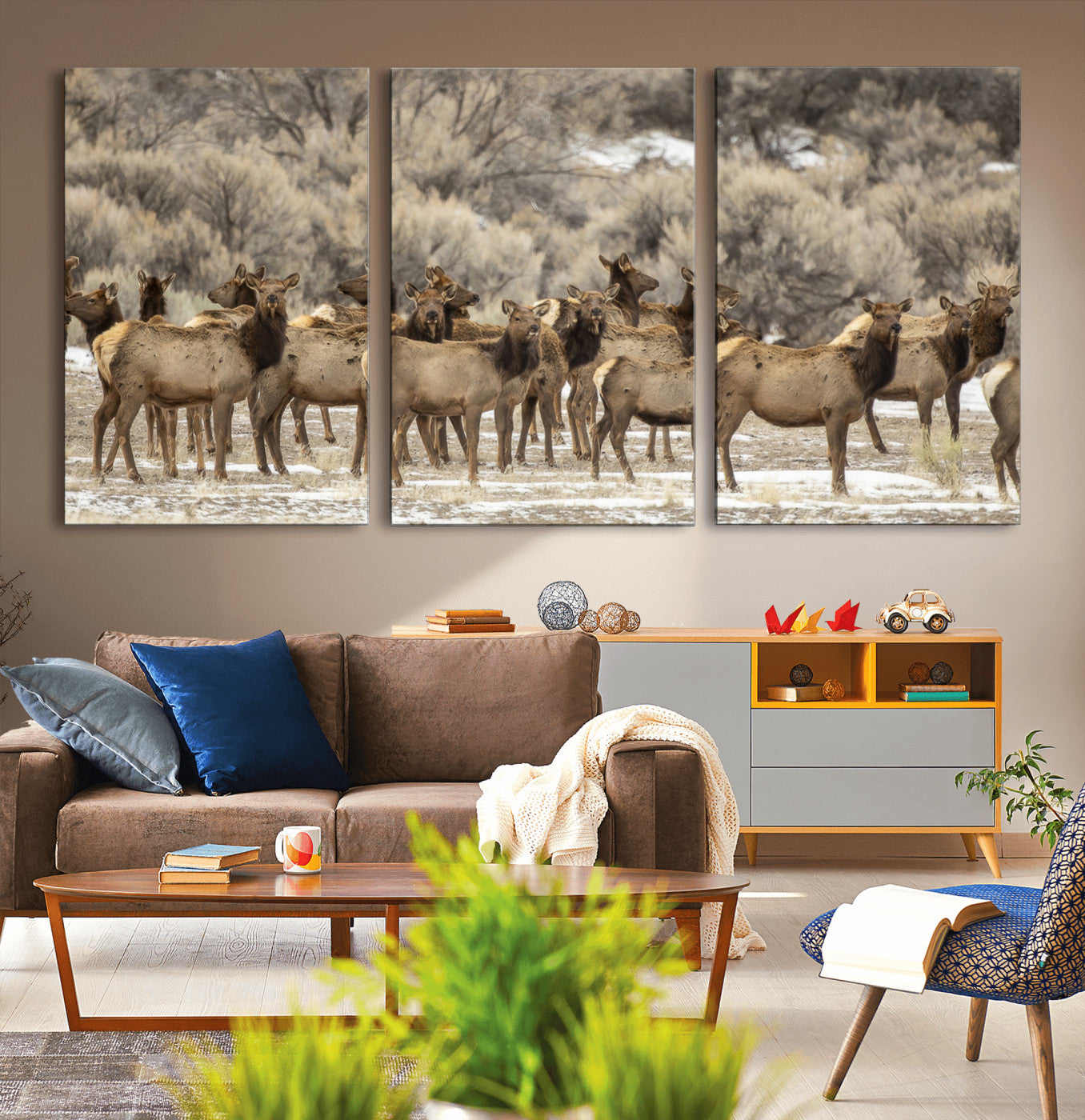 90269422-MGV-CV-36X24-Elk Herd Scene Wall Art Canvas Print, Framed Rustic Wildlife Decor Art Picture Print, Western Cabin Style Perfect Rustic Lodge