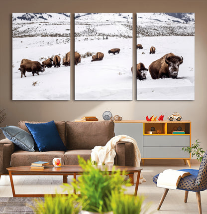 13891210-MGV-CV-36X24-Bison Herd Scene Wall Art Canvas Print, Framed Western Wildlife Decor Art Picture Print, Snowy Mountain Valley Perfect Rustic