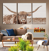77810049-MGV-CV-36X24-Longhorn Bull Photo Wall Art Canvas Print, Framed Rustic Cow Decor Art Picture Print, Neutral Farmhouse Style Perfect Rustic