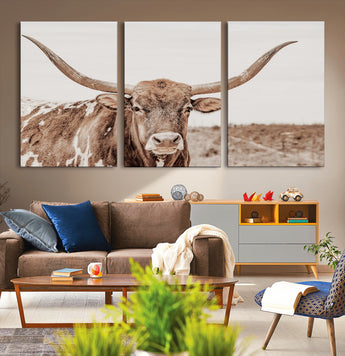 77810049-MGV-CV-36X24-Longhorn Bull Photo Wall Art Canvas Print, Framed Rustic Cow Decor Art Picture Print, Neutral Farmhouse Style Perfect Rustic