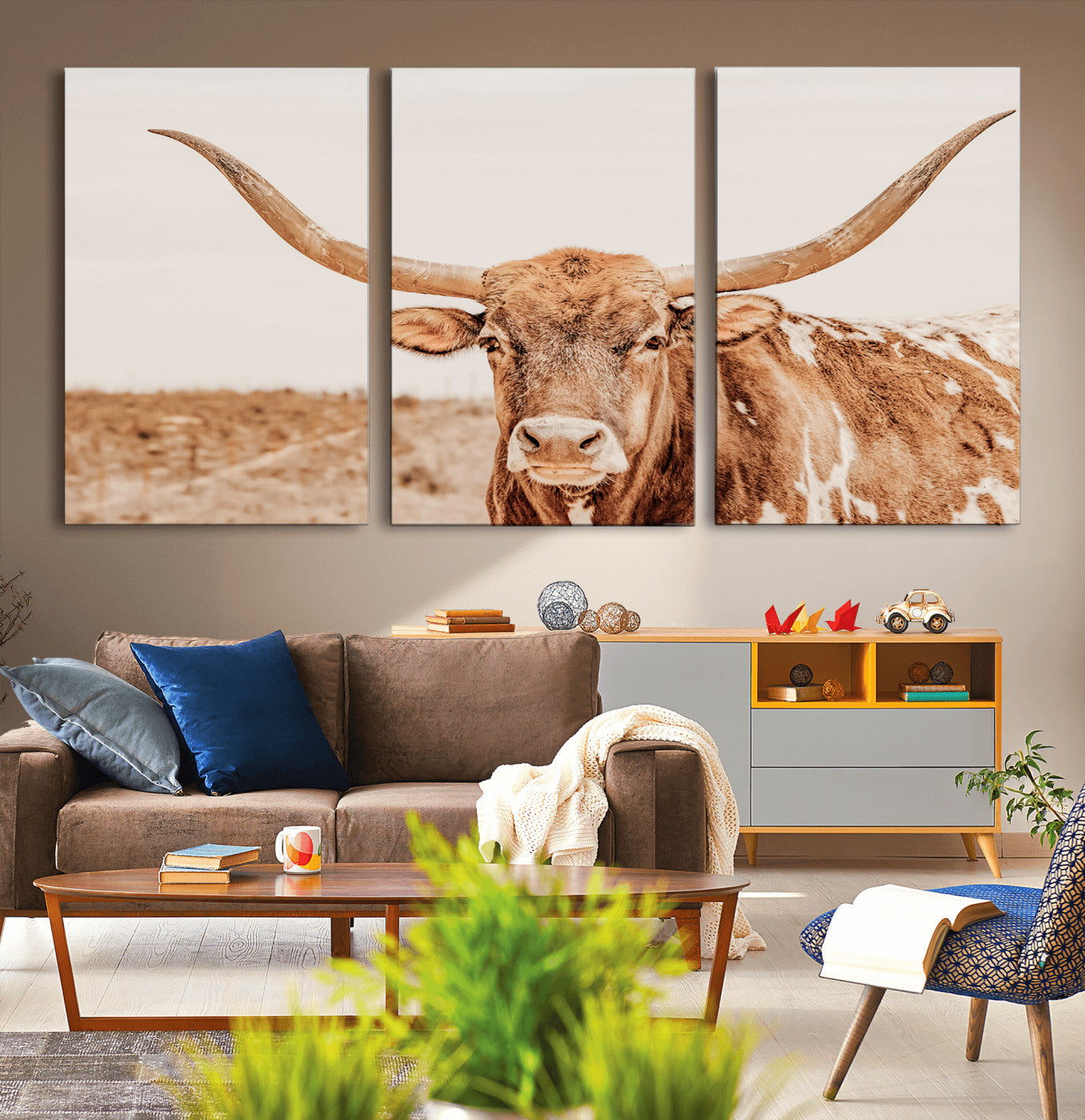 74406977-MGV-CV-36X24-Longhorn Bull Decor Wall Art Canvas Print, Framed Western Cow Theme Art Picture Print, Rustic Farmhouse Wall Perfect Neutral