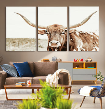 98924580-MGV-CV-36X24-Texas Longhorn Bull Wall Art Canvas Print, Framed Rustic Farmhouse Decor Art Picture Print, Western Animal Theme Perfect Rustic