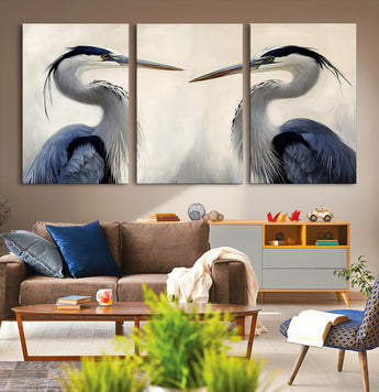 18230556-MGV-CV-36X24-Blue Heron Pair Wall Art Canvas Print, Framed Coastal Bird Theme Art Picture Print, Tranquil Wildlife Scene Perfect Coastal