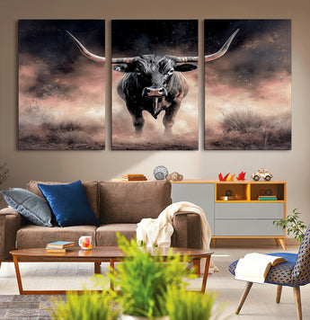 71457818-MGV-CV-36X24-Longhorn Wall Art Wall Art Canvas Print, Framed Western Bull Canvas Art Picture Print, Rustic Cow Decor Perfect Western Dramatic