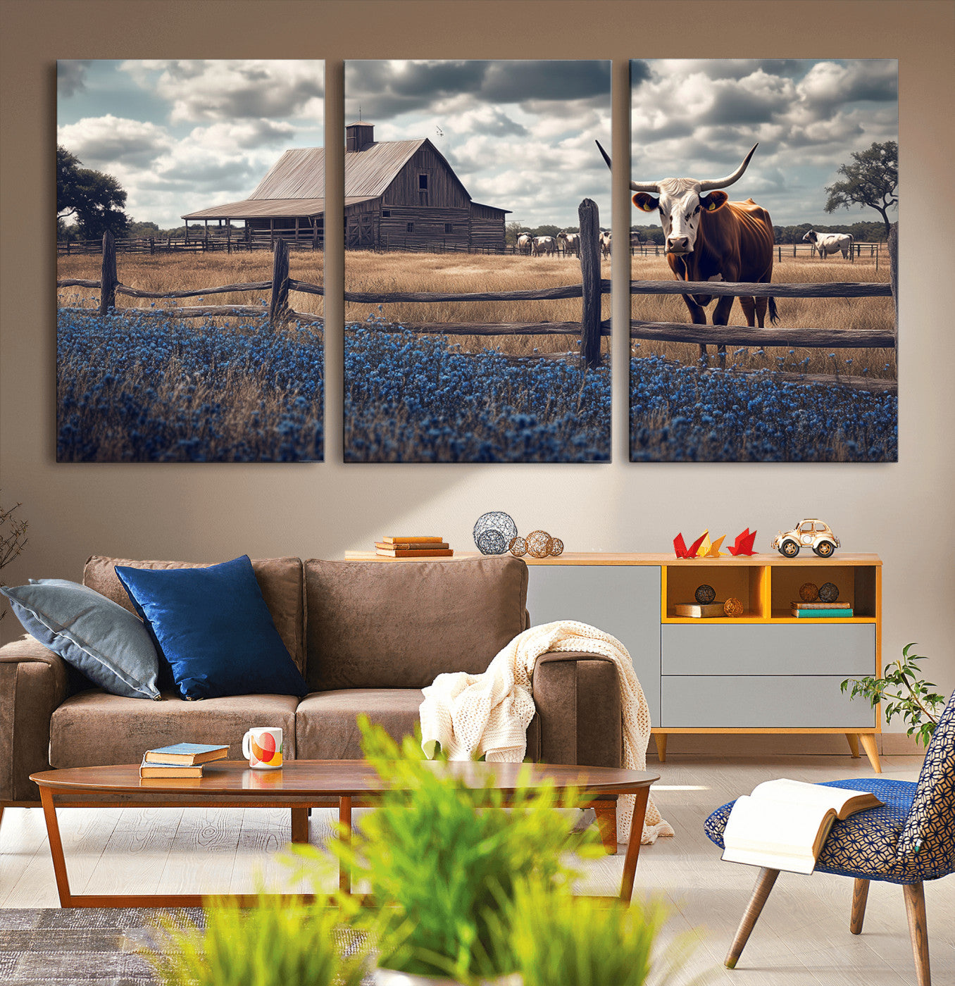 51092814-MGV-CV-36X24-Texas Longhorn Wall Art Wall Art Canvas Print, Framed Rustic Barn Canvas Art Picture Print, Farmhouse Cow Decor Perfect Rustic