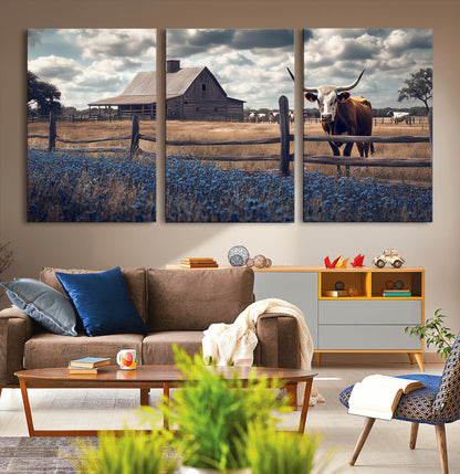 51092814-MGV-CV-36X24-Texas Longhorn Wall Art Wall Art Canvas Print, Framed Rustic Barn Canvas Art Picture Print, Farmhouse Cow Decor Perfect Rustic