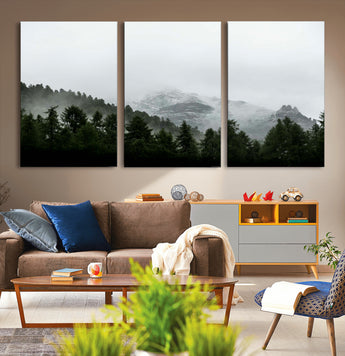 55968349-MGV-CV-36X24-Misty Mountains Wall Art Canvas Print, Framed Foggy Forest Art Picture Print, Snowy Peaks Perfect Moody Wilderness Decor Artwork