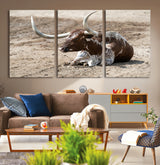 76549210-MGV-CV-36X24-Texas Longhorn Wall Art Canvas Print, Framed Country Living Art Picture Print, Farmhouse Aesthetic Perfect Western Rustic Decor