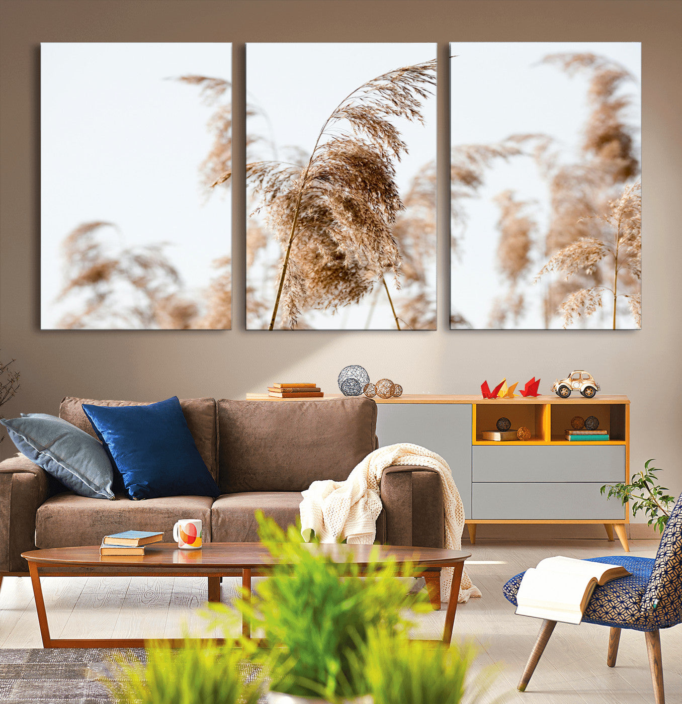 17019393-MGV-CV-36X24-Pampas Grass Wall Art Canvas Print, Framed Neutral Tones Art Picture Print, Minimalist Nature Perfect Boho Minimalist Decor