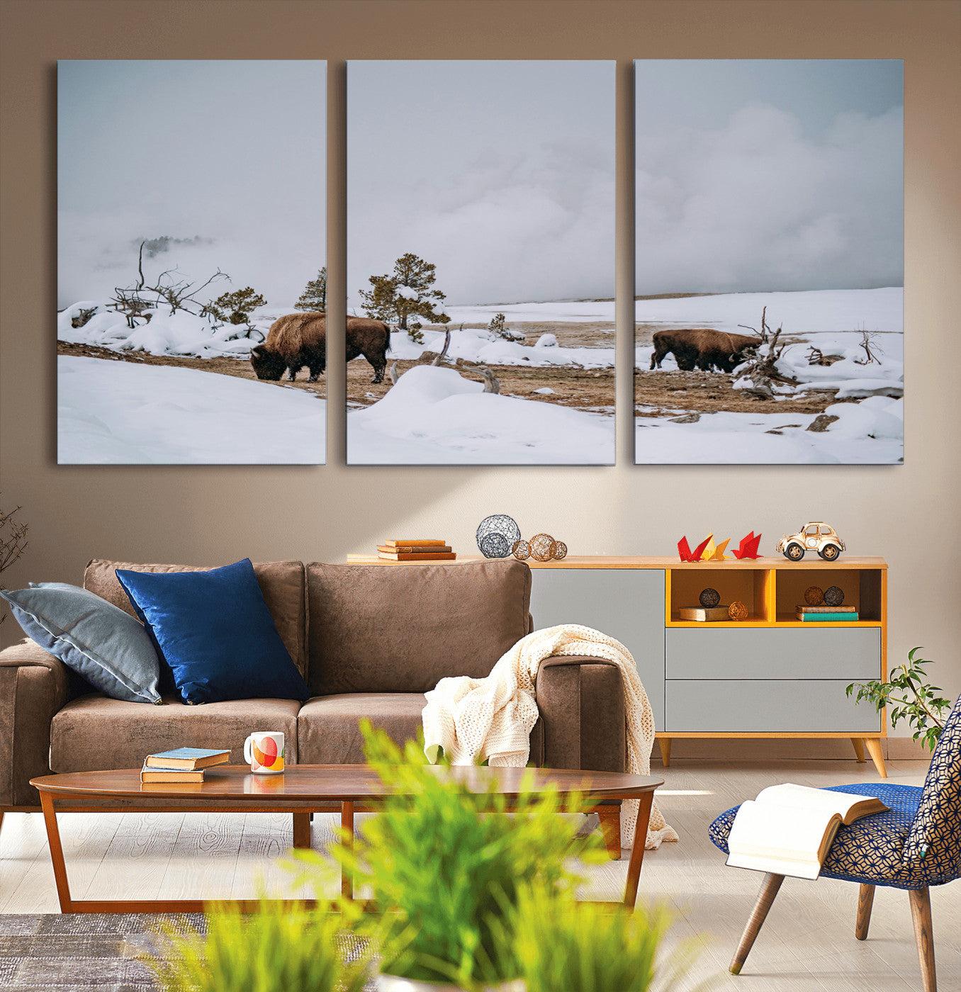 60308289-MGV-CV-36X24-Bison Wildlife Wall Art Canvas Print, Framed Snowy Prairie Art Picture Print, Western Landscape Perfect Rustic Winter Decor