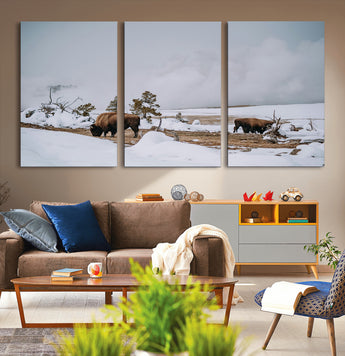 60308289-MGV-CV-36X24-Bison Wildlife Wall Art Canvas Print, Framed Snowy Prairie Art Picture Print, Western Landscape Perfect Rustic Winter Decor