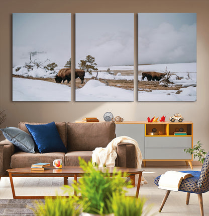60308289-MGV-CV-36X24-Bison Wildlife Wall Art Canvas Print, Framed Snowy Prairie Art Picture Print, Western Landscape Perfect Rustic Winter Decor