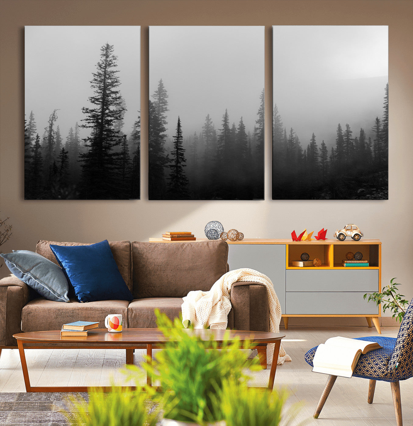 73138900-MGV-CV-36X24-Misty Pines Wall Art Canvas Print, Framed Woodland Photography Art Picture Print, Minimalist Decor Perfect Modern Rustic Decor