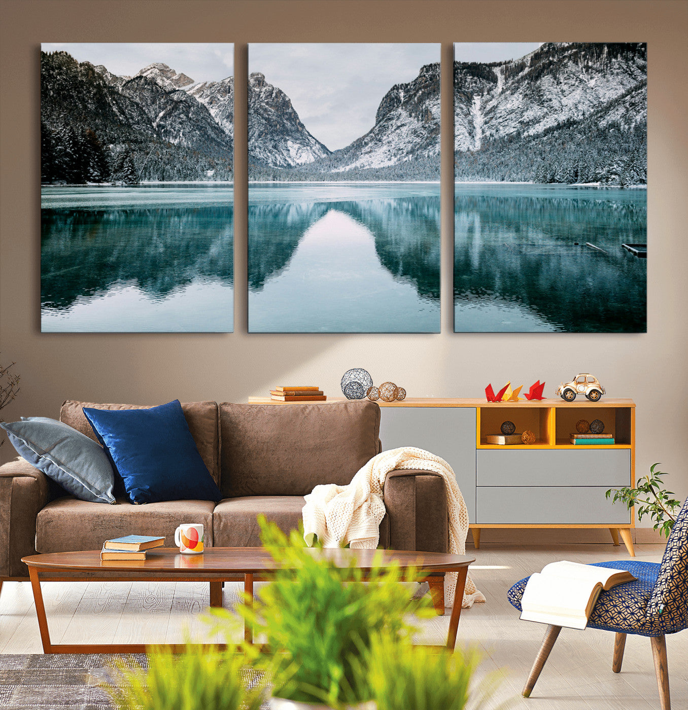 73098373-MGV-CV-36X24-Mountain Lake Wall Art Canvas Print, Framed Winter Wonderland Art Picture Print, Snowy Peaks Perfect Modern Nature Decor Artwork